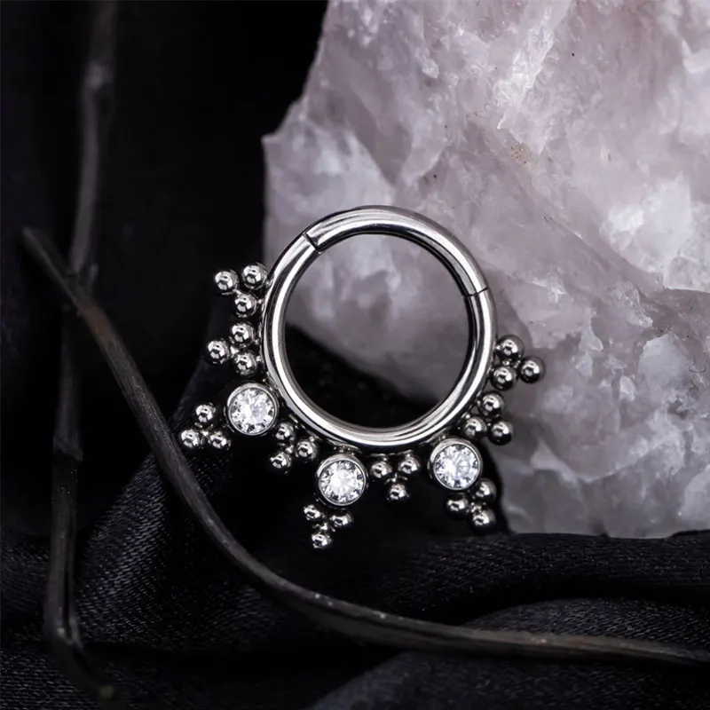 ASTM F136 Titanium Pierced 16G Hinged Nose Rings Hoop Beaded Zirconia Nose Ear Helix Daith Clicker Ring Body Jewelry 2023 New