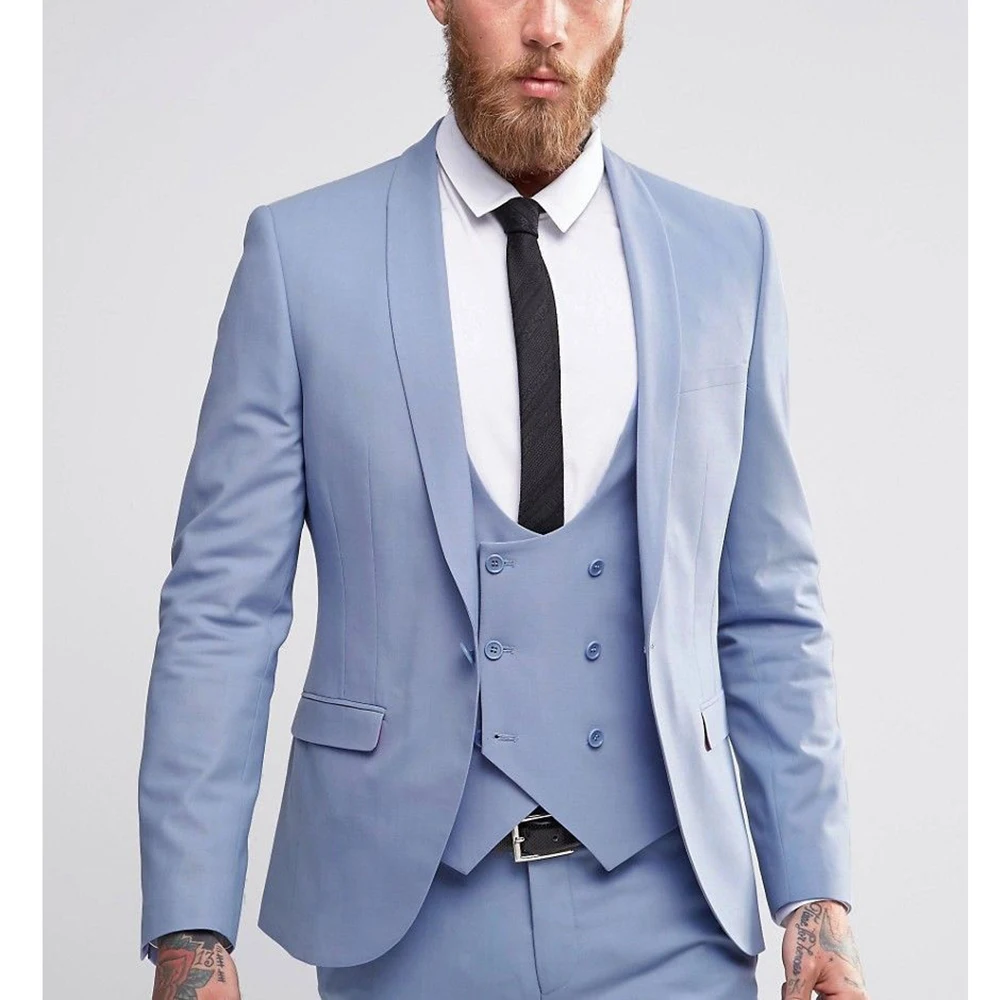 

Мужские костюмы для отдыха, синяя однобортная куртка с отложным воротником и брюки, жилет, облегающие брюки для мужчин