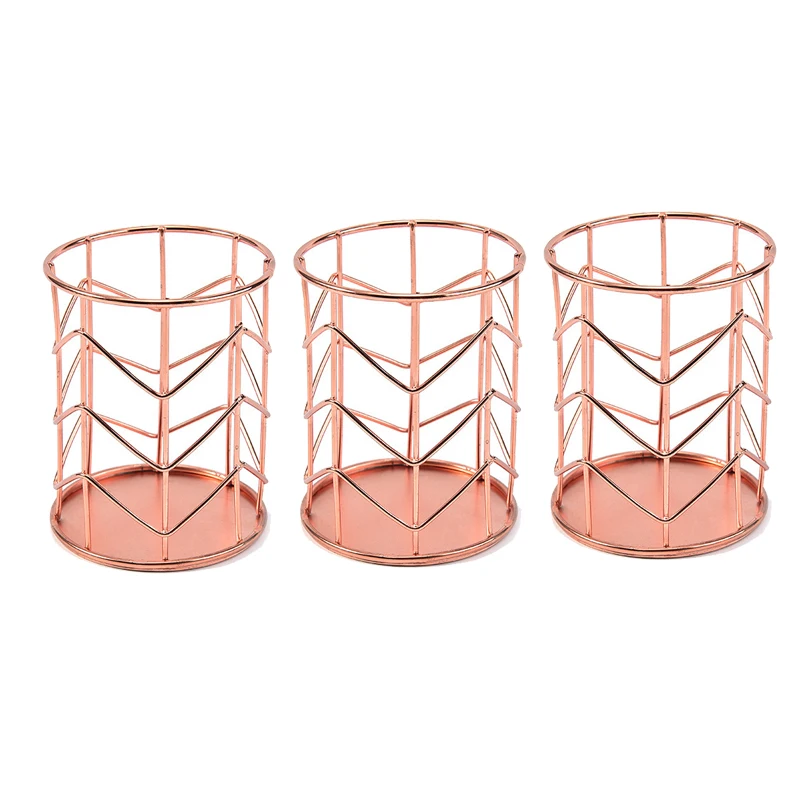Rose Gold Pen Holder Set of 3,Metal Rose Gold Pencil Holder for Dorm & Office,Desk Organizer Makeup Brush Cup