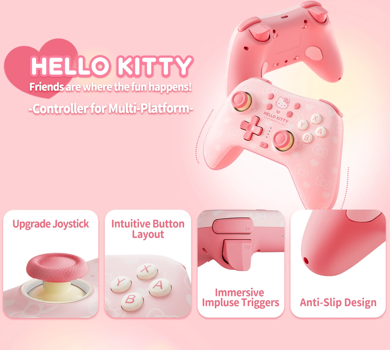 Контроллер GeekShare Cute Pink Kitty Dual Sense с ручками для большого пальца совместимый PS5/Switch/PC