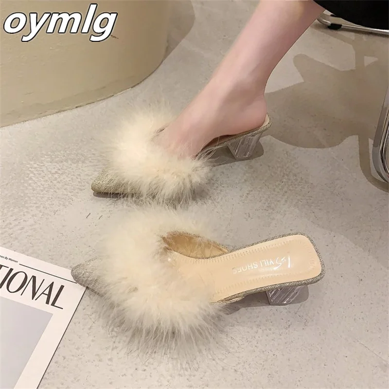 

2022 new style hairy slippers summer wear women's pointed toe fashion thick heel high-heeled Baotou half drag women's shoes