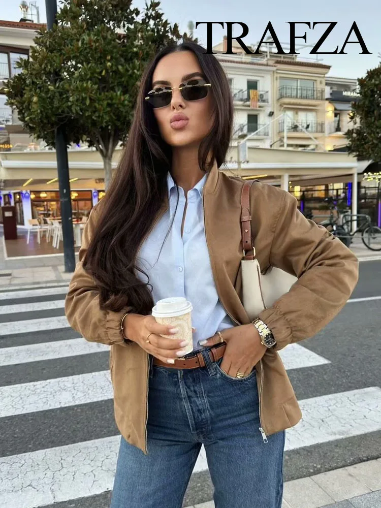 TRAFZA Women's Fashion Retro Versatile Suede Texture Effect Bomber Jacket Female Pocket Decorated Zipper High Street Casual Coat