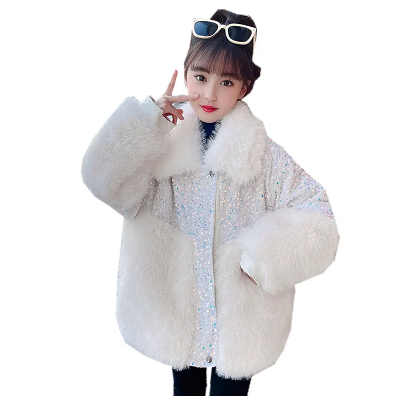 

Luxury Winter Girls Coat Wool Jackets Warm Blends Clothing Kids Teenage Fur Patchwork Sequined Top Thicken High Quality Overcoat