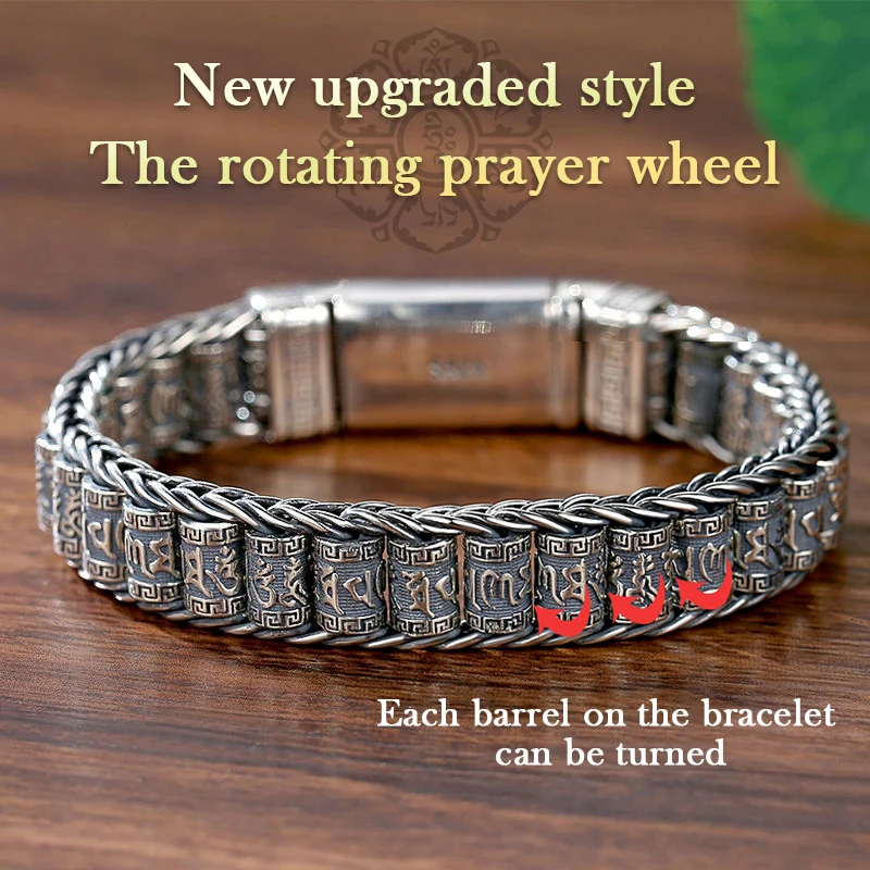 

New Handmade Creative Sutra Bracelet Men Silver Transfer Beads Vintage Six-Character Mantra Personality