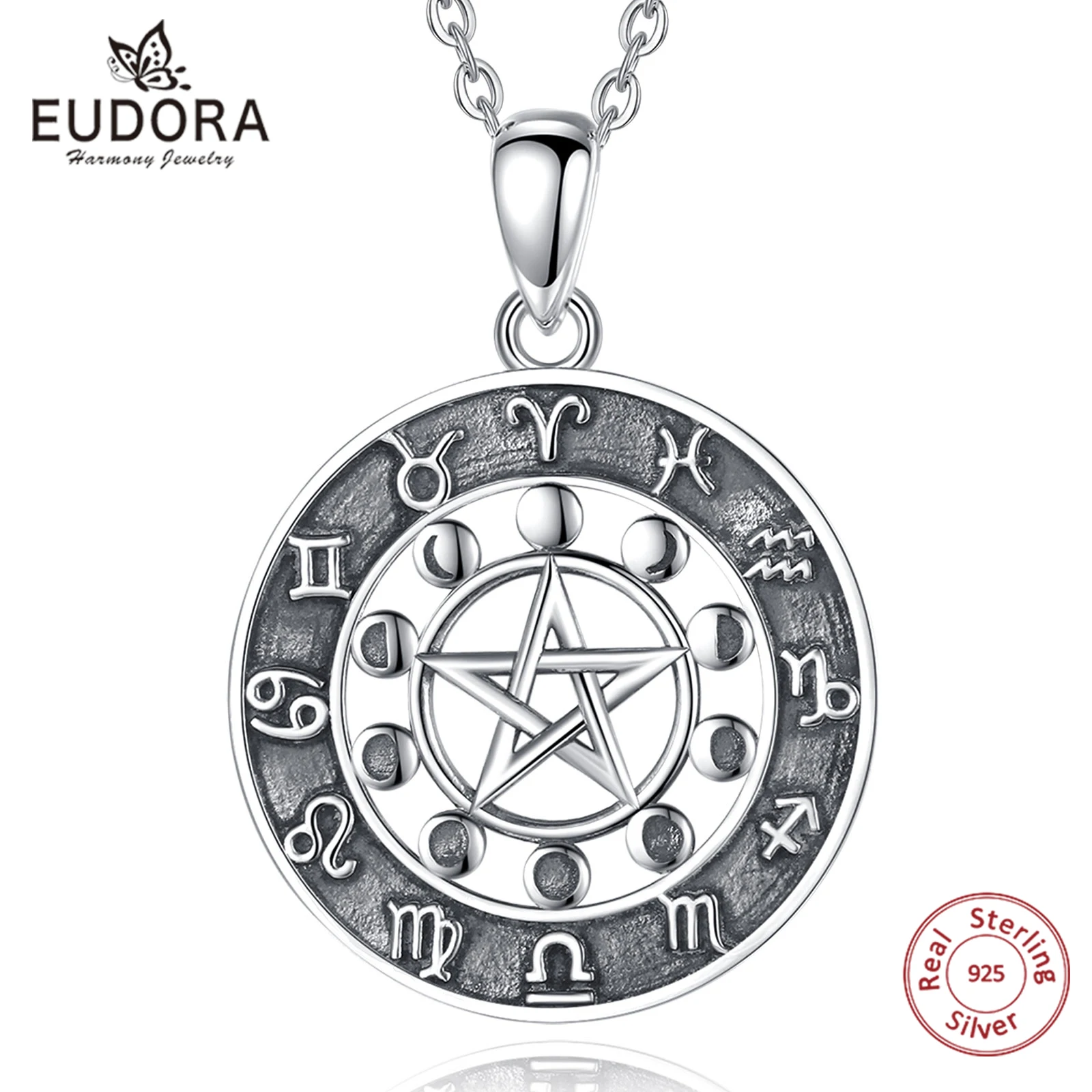 

EUDORA 925 Sterling Silver Pentagram 12 Zodiac Star Sign Necklace for Men's Lunar Cycle Amulet Guardian Star Pendant Jewelry