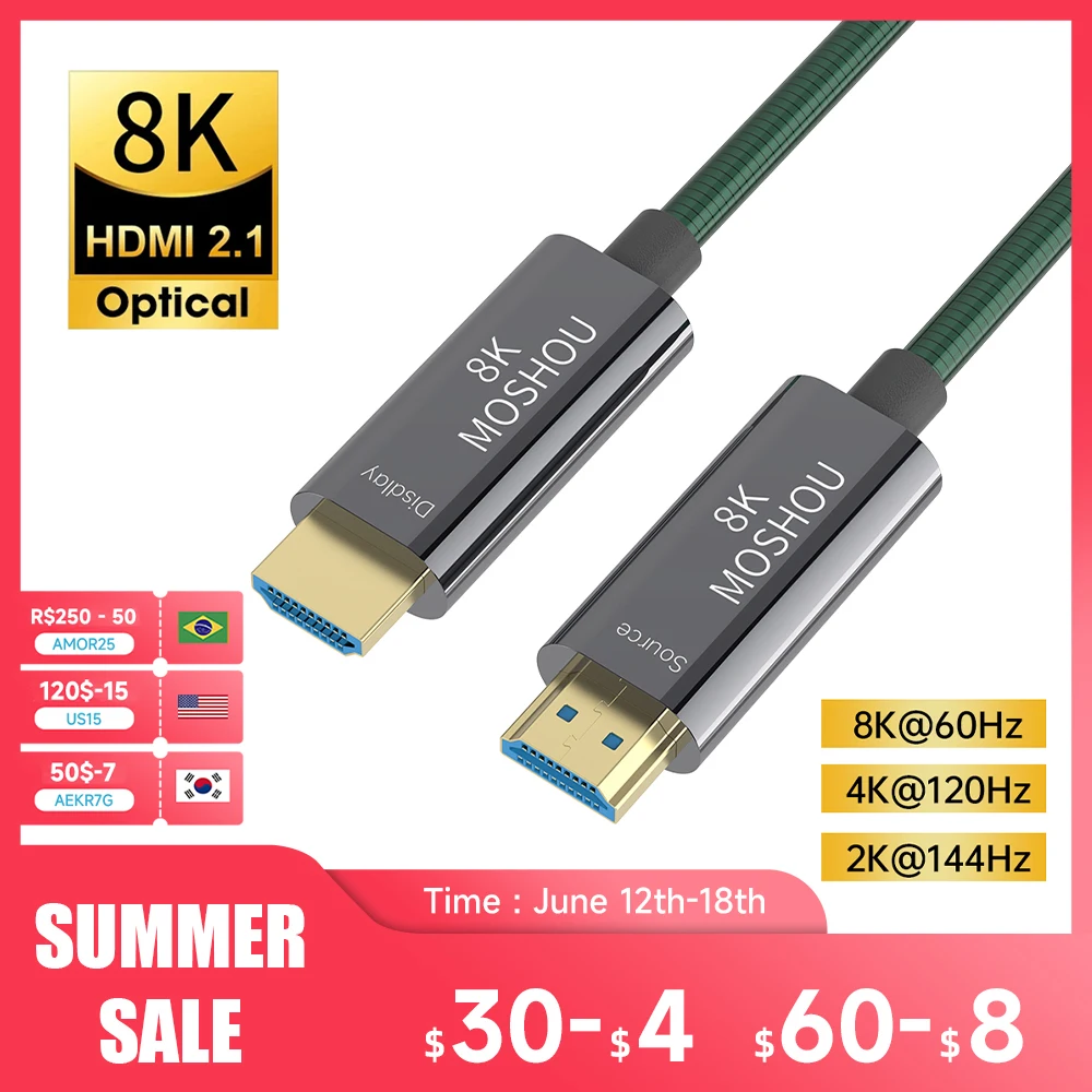 MOSHOU 8K HDMI 2.1 Optical Fiber Cable 48Gbps 8K@60Hz 4K@120Hz HDMI Cord RTX 4080 RTX 4090 HDR eARC for Xbox PS5 Samsung QLED TV
