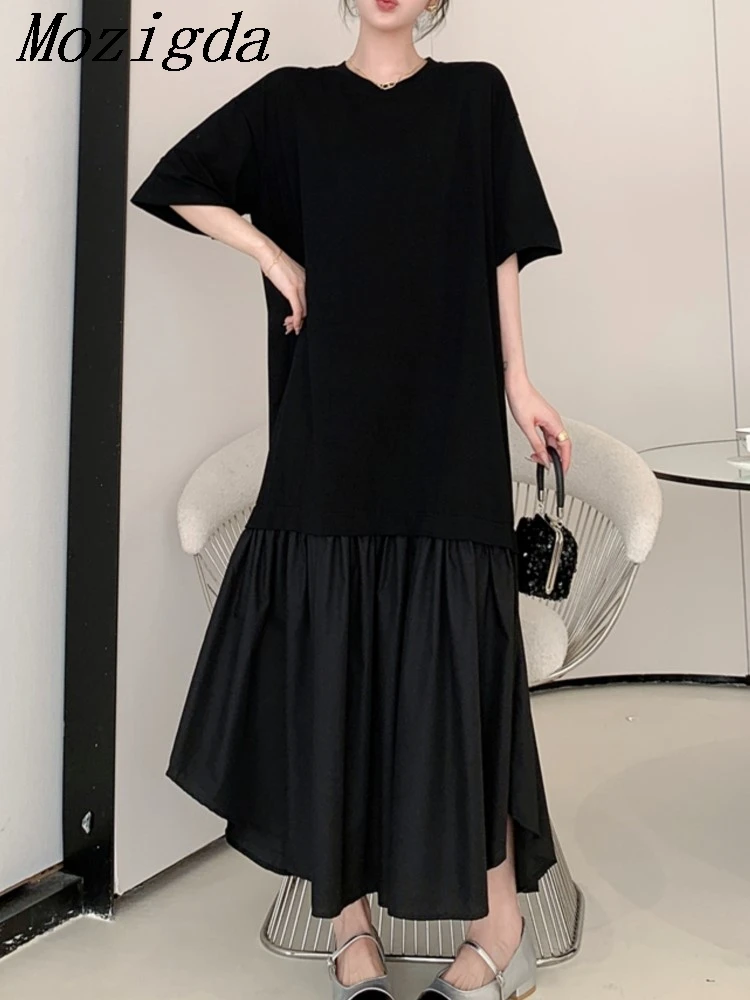Фото Новое летнее корейское женское платье Vestidos Robe Elbise, свободные однотонные лоскутные длинные платья больших размеров с короткими рукавами и разрезом №1