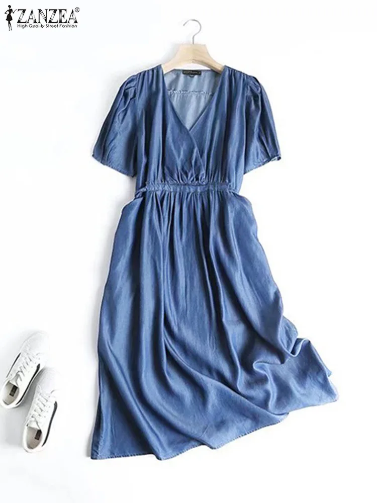 

ZANZEA V Neck Denim Long Dresses Casual Solid Short Sleeve Holiday Sundress Fashion Loose Drawstring Waist Oversize Midi Dress