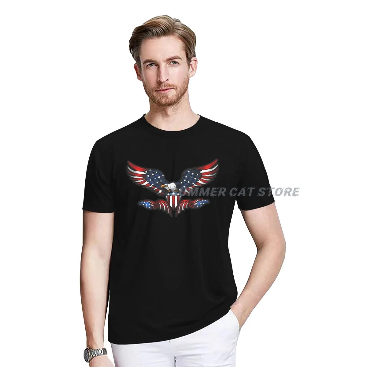 

Men's T-shirt Summer Cotton American Flag American Eagle Hand-painted O-neck Short Unisex Casual T-shirt