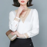 silk women blouses shirt woman satin silk blouse top woman long sleeve embroidery blouses v neck solid fashion basic ladies tops