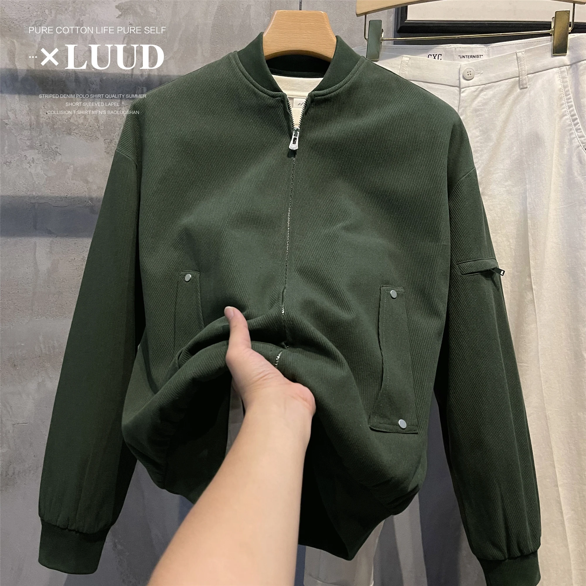Luud Washed Cotton Retro Cargo Bomber jacket Men's Autumn Trendy Casual Twill Baseball Uniform Outerwear