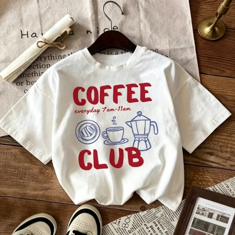 Фото Топы в стиле Y2K, креативные футболки с принтом Coffee Club Everyday 7Am 11Amprint, женские футболки, универсальные женские футболки, повседневный топ с круглым вырезом, летний топ №1