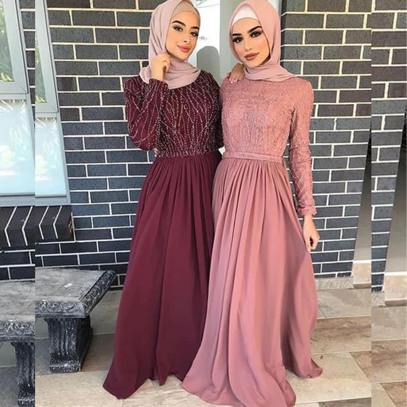 

Muslim Chiffon Evening Dresses for Women O Neck Long Sleeve Floor Length A Line Beading Wedding Party Gowns Lady Formal Dress