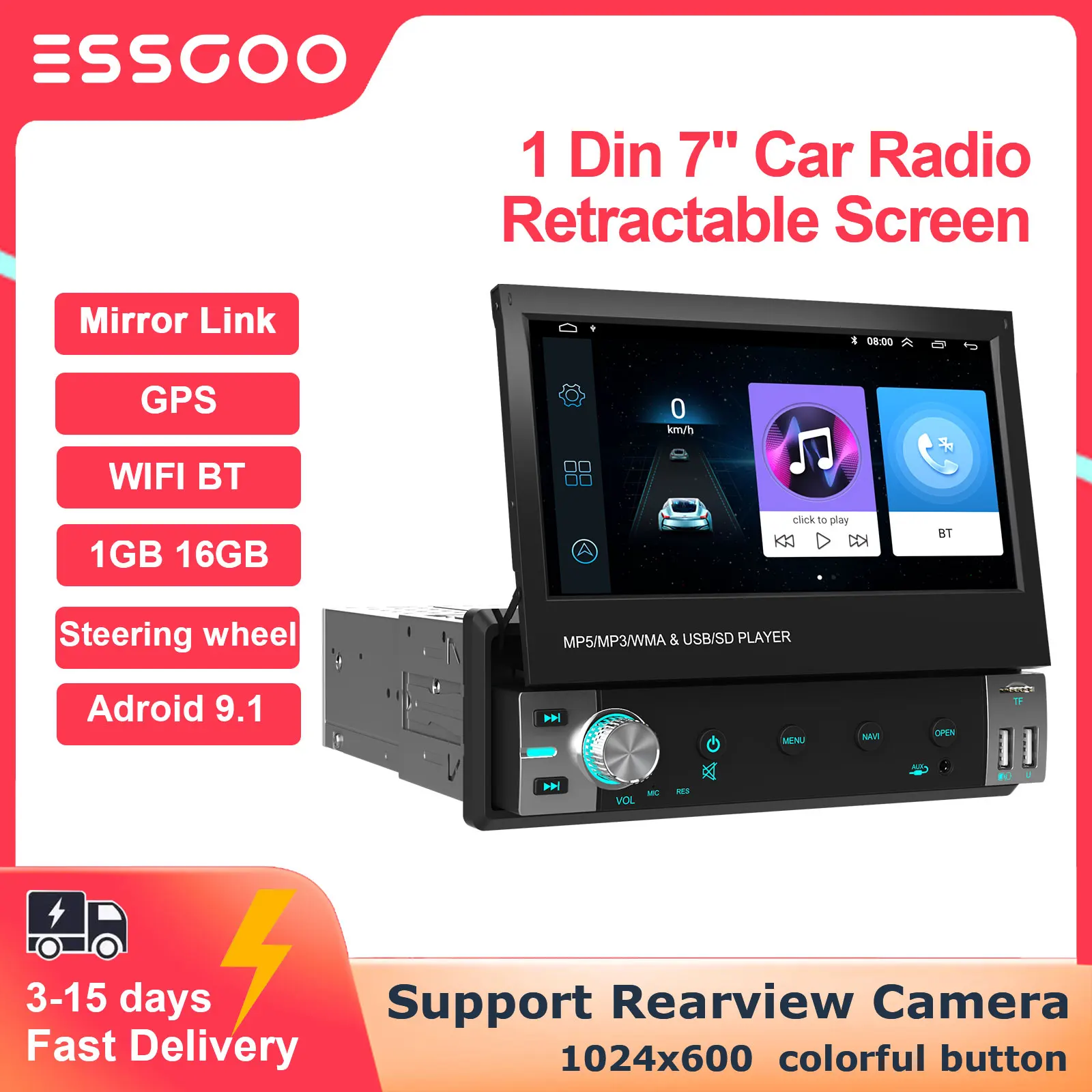 

ESSGOO 1 Din 7 Inch Android Car Player Retractable Touch Screen Mirror Link Car Radio Universal Autoradio Stereo WIFI Bluetooth