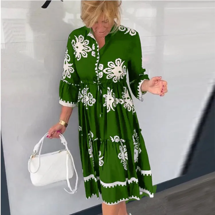 

Женское винтажное платье-трапеция, повседневное свободное платье-рубашка с рукавом три четверти и принтом на завязках для поездок на осень и лето