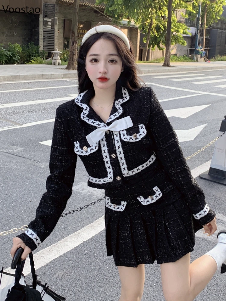 Spring Autumn Gothic Skirt Sets Women Black Y2k Crop Blazer Jacket Tops Mini Pleated Skirts Suit Korean Female Chic 2 Pieces Set