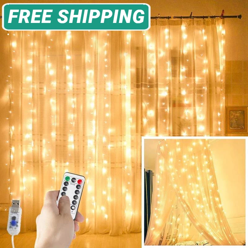 

3M LED Curtain Garland on The Window USB String Lights Fairy Festoon Remote Control Christmas Wedding Decorations for Home Room