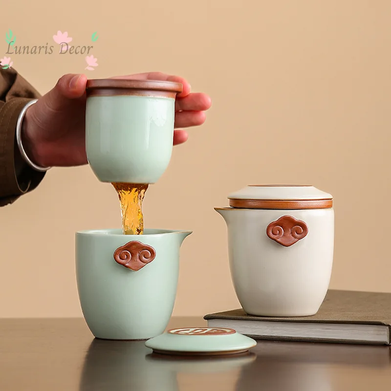 Фото Портативный дорожный чайный набор Ru Kiln Kuaike Cup: маленький керамический набор из одного чайника и четырех чашек для дома №3