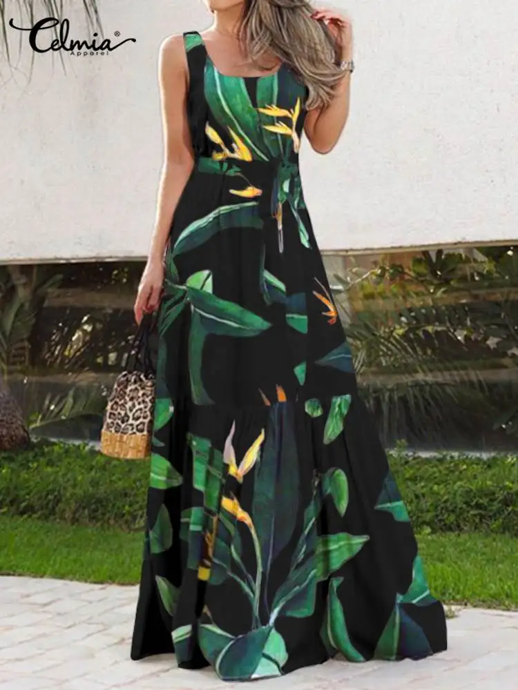 

Summer Floral Dress Celmia Women 2022 Elegant Sleeveless Beach Maxi Sundress Casual Bohemian Belted Party Thin Long Vestidos