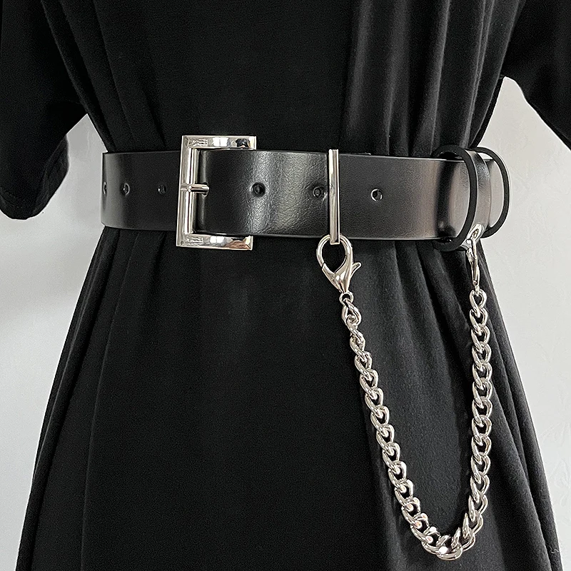 Black Personalized Unisex PUnk Waist Belt Detachable Chain Cow Leather Jeans Trousers Belts Hip Hop Street Cowhide Adult Belts