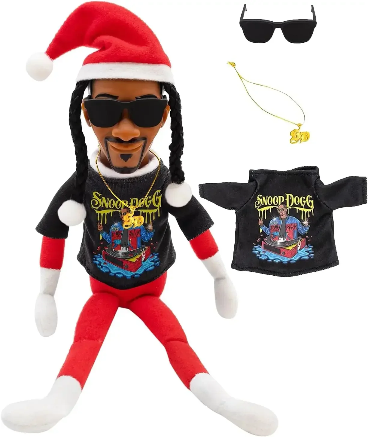 Snoop Stoop 2025 Plush 12&quot Figurine Elf Sunglasses Gold Chain Bonus Christmas for Home Festival Party Decoration (Red)