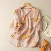 disc button cotton linen tops literary retro floral print blouse women short sleeve harajuku japan casual chic shirt clothes
