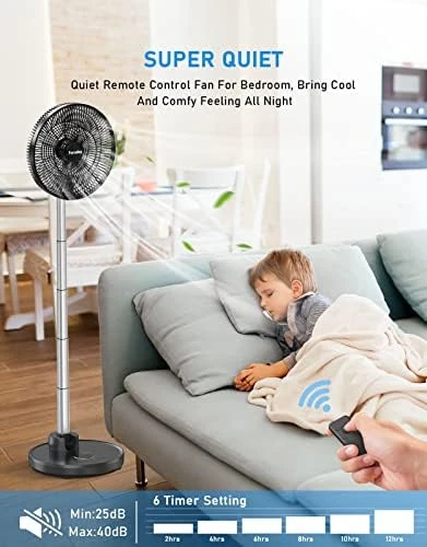 

Oscillating Standing Fan 12\u201D Foldable Portable Quiet Floor Fan 12000mAh Rechargeable Pedestal Fan with Remote, Timer Settin