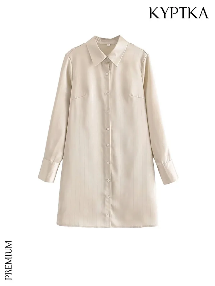 KYPTKA Women Fashion Front Button Satin Mini Shirt Dress Vintage Lapel Collar Long Sleeve Female Dresses Vestidos Mujer