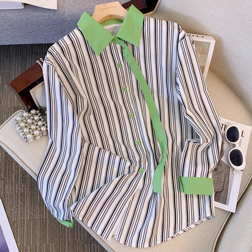 

Рубашка в полоску контрастных цветов в стиле пэчворк, женская Свободная блузка в Корейском стиле, шикарная Осенняя блузка в новом стиле