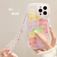 cute clear animal bear with lanyard phone case for iphone 11 12 13 pro max x xr 7 8 plus se 2 soft shockproof bumper back cover