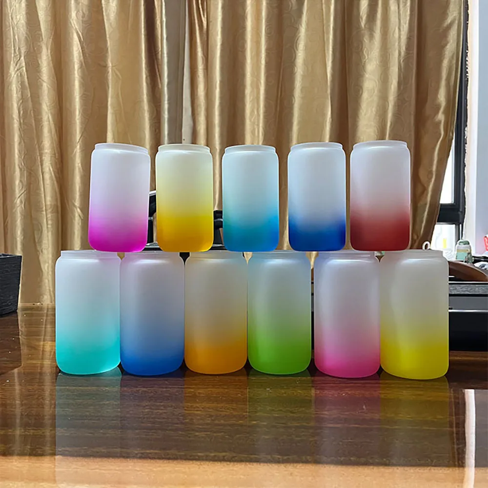 Botellas de agua transparentes de 16 onzas con degradado de Color degradado, tapa de bambú, sublimación, vidrio en blanco, envío directo