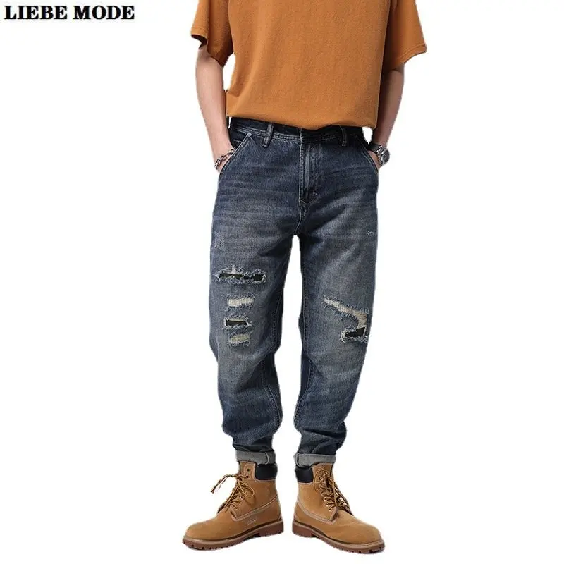Ripped Loose Baggy Jeans Men Streetwear Wide Straight Leg Distressed Oversize Pants Blue Wash Plus Size Jean Homme 36 38 40