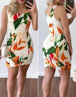 2022 new sexy suspender print dress slim wrap hip skirt womens leaf print rib tight sleeveless dress elegant skirt
