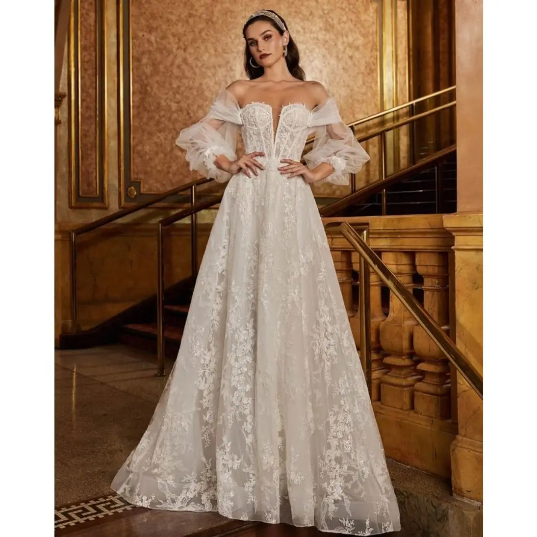 

Lace Appliques Wedding Dress Off Shoulder Puff Sleeves Floor Length Evening Party Gown Sweetheart Princess Tulle Robe De Mariée