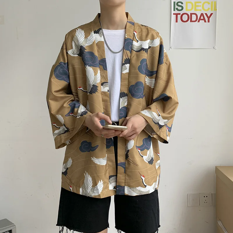 3/4 Sleeve Cotton Men Kimono Robe Casual Loose Hanfu Chinese Style Print Auspicious Clouds Thin Jacket Summer 5XL Home Cardigan