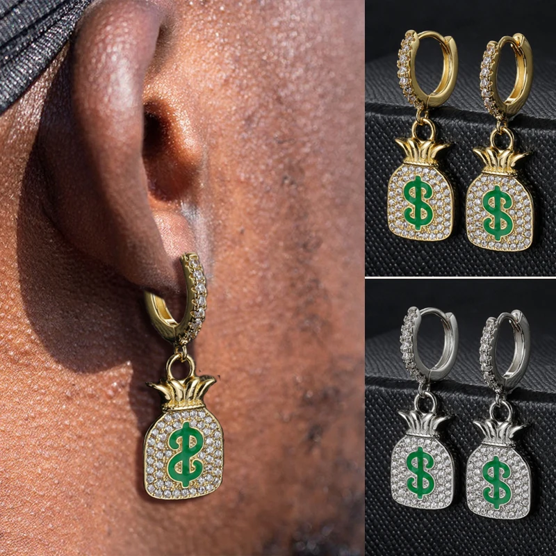 Серьги с символом доллара сумка для денег серьги в стиле хип-хоп рок Iced Out циркон