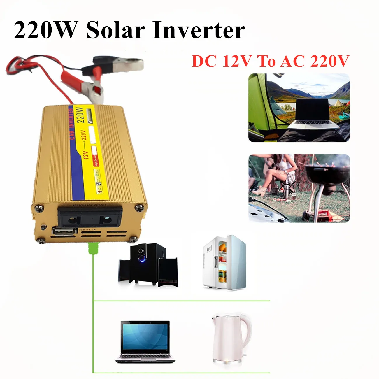 

DC 12V To AC 220V 220W Solar Inverter Photovoltaic Power Generator Converter Car Inverter USB Charging for Camping Traveling