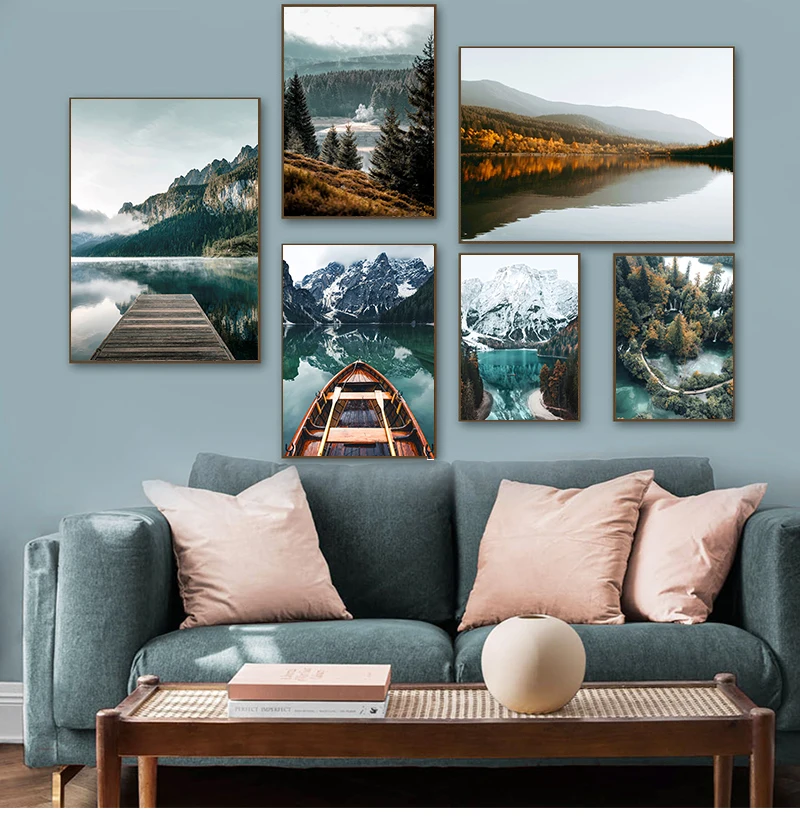 

Nordic Painting Decorative Picture Modern Home Decorati Scandinavian Nature Landscape Wall Art Poster Mountain Lake Boat