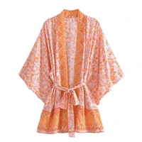 bohemian robe casual loose holiday cotton positioning print lace up kimono dress 2022 womens new vintage chic batwing sleeves