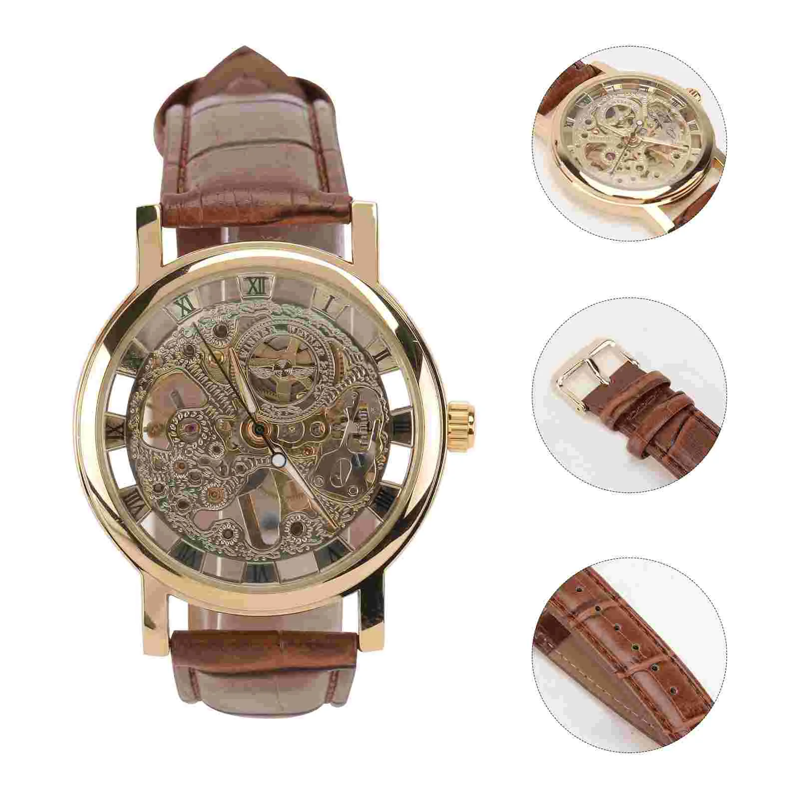 

Мужские автоматические механические наручные часы с круглым циферблатом и ремешком из ПУ кожи (золотой + коричневый)