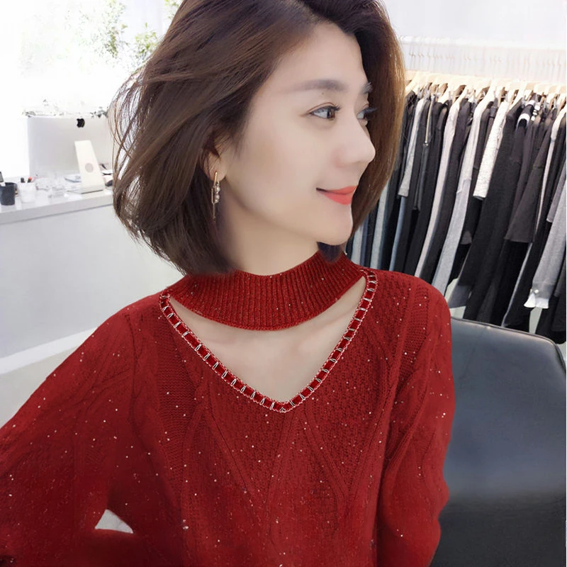 Женское прямое платье-свитер с длинным рукавом ярко-красное шелковое и ажурным