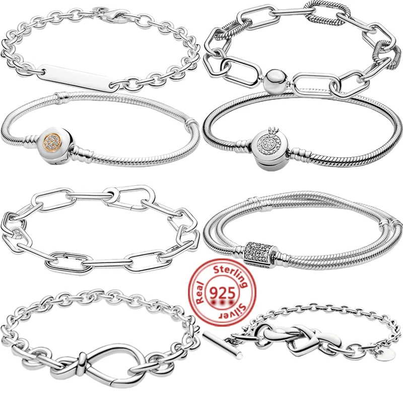 

925 Sterling Silver Basic Snake Chain ME Link Knotted Heart T-Bar Bracelets Fit Original Brand Charm Women DIY Bracelet Jewelry
