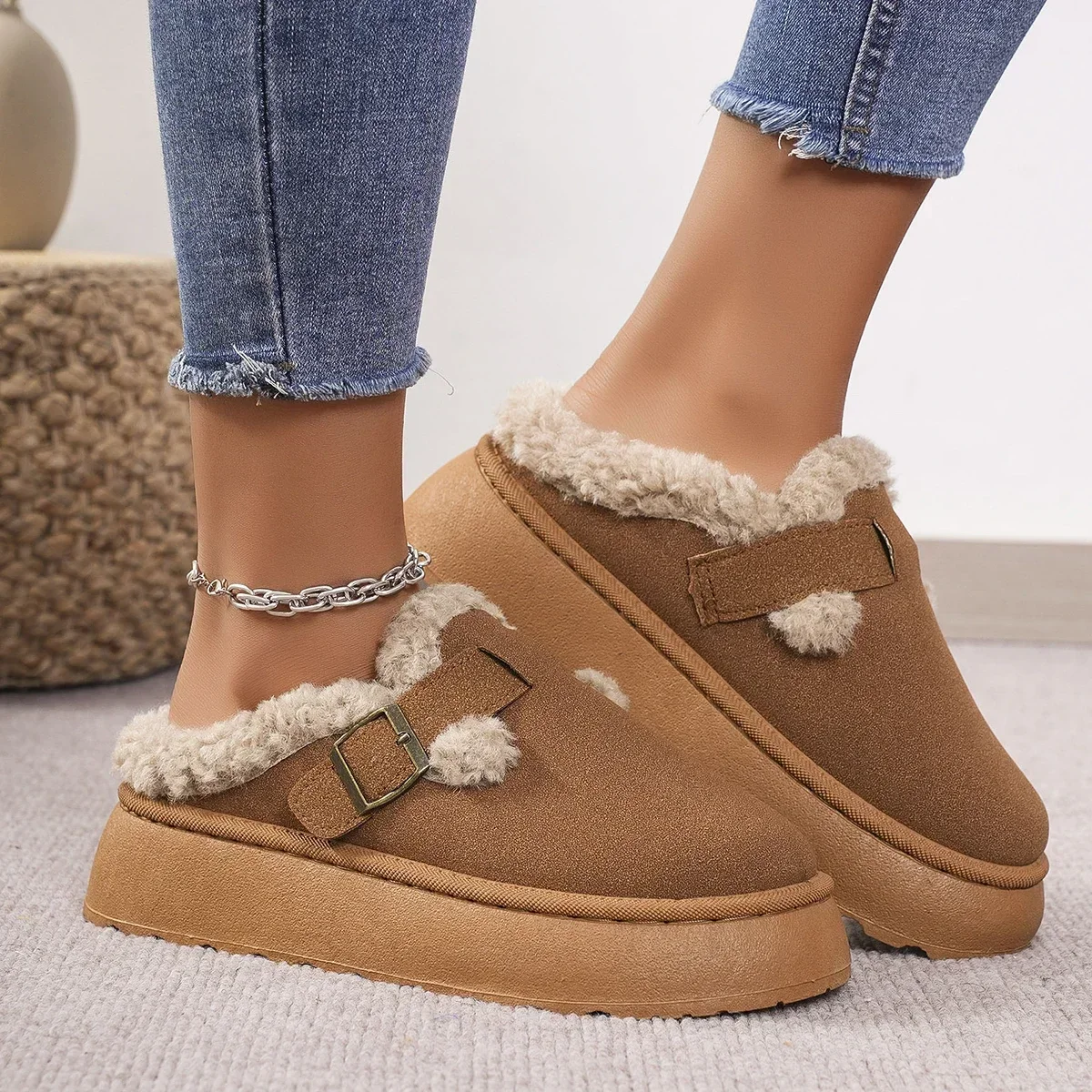New Luxury Winter Women's Boken Shoes Plush Fashion Retro Bean Cotton Flat Sole Slippers Platform Women Boots