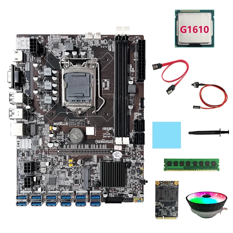 

B75 ETH Mining Motherboard 12XUSB+G1610 CPU+DDR3 4GB RAM+128G SSD+RGB Fan+SATA Cable+Switch Cable LGA1155 Motherboard