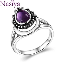 new vintage silver jewelry finger rings for men women 7x9mm water drop natural amethyst wedding anniversary party gifts