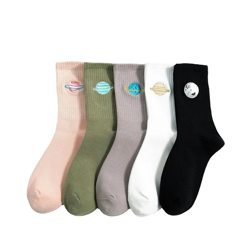 Planet Embroidery Long Socks For Women Cute Korean Japanese Harajuku Woman Socks Kawaii Girls Gifts Socks