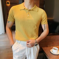 2021 new casual solid color mesh knitted cardigan italian polo summer mens ice silk short sleeve british slim lapel polo shirt