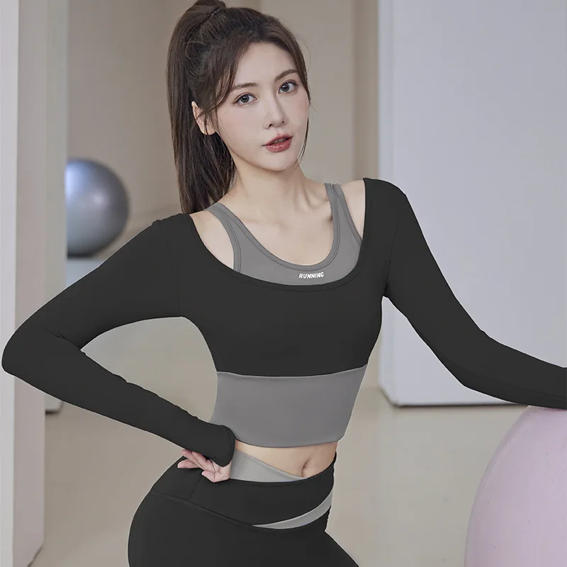 Yoga Top Legging Autumn Winter Splicing Fast Drying Sports Running Top with Chest Pad Professional Pilates Training Fitness Suit