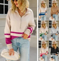 womens striped knitted sweater fashion zipper loose pullover autumn winter elegant long sleeve casual female vintage sweater
