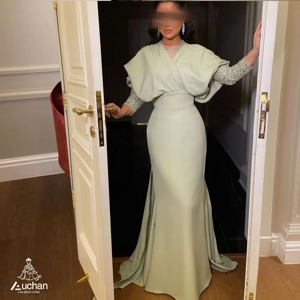 

Auchan V-Neck Arabia Gown Dress Floor Length Evening Dress Long Sleeves Summer Elegant Wedding Party For Women 2023 New